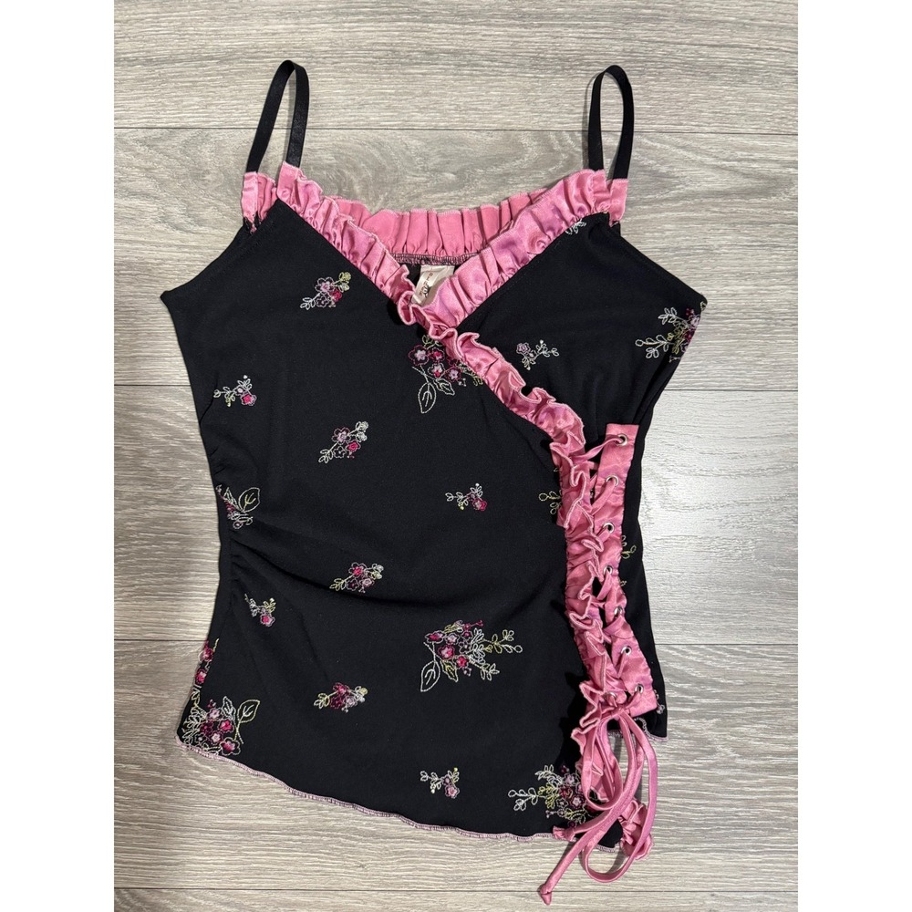 Whimsigoth Vintage 2000s Floral Cami Pink Satin Ruffle Side Corset Lace Up Y2K
